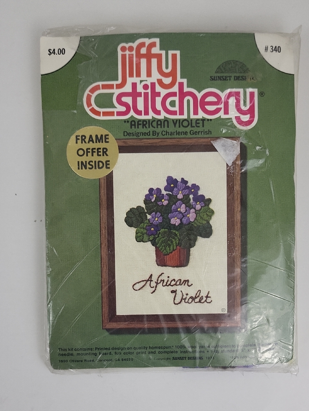 Vtg Jiffy Stitchery "African Violet" Embroidery Kit - Purple & Green 70's